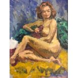 ROY PETTITT. Framed, oil on board, seated nude against blue background, 34.5cm x 26.5cm.