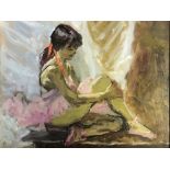 ROY PETTITT. Framed, signed oil on board, portrait of ballet dancer in pink, 22.5cm x 28cm.