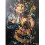 REINDL G.R. Framed, signed painting on board, dated March 1969, Berlin guitar player, 80cm x 61cm.