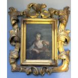 Gilt ornate framed oil on panel, early eighteenth century portrait depicting female holding branch