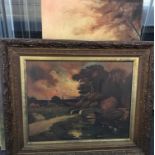 Framed, unglazed, indistinctly signed oil on canvas sunset with a woodland scene together with three