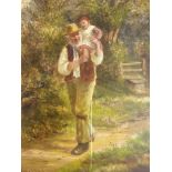 D.W. HADDON. Framed and glazed, signed oil on board, farmer with child on shoulder, 33.5cm x 26.