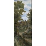 A framed and glazed, embroidered image with painted details, cottage with thatched roof and