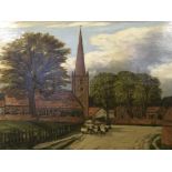 J. W. GOODALL? Two framed, signed oil on canvase depicting church village scenes, 39cm x 58.5cm