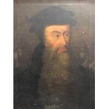 Framed, oil on canvas, 17th Century portrait of bearded male wearing black hat, 61cm x 44cm.