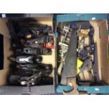 Three boxes of woodwork hand tools including saws, planes, etc.