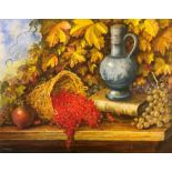 PETER SKETT. Two framed, signed oil on board, harvest still life and jug of poppies with grapes,
