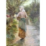 D.W. HADDON. Framed and glazed, signed oil on board, milkmaid walking down country path, cows in
