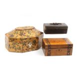 Three 19th Century sewing boxes comprising a whitewood elongated octagonal example with pagoda style