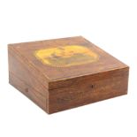A Georgian slant top rosewood writing box, the lid with colour print of a mother seated in a chair a