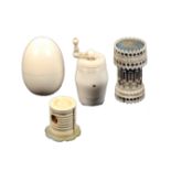 A mixed lot - sewing - four pieces comprising an ivory egg with white metal thimble, 4.8cm, an ivory