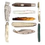 Nine various folding knives comprising three silver bladed fruit knives, one with scale cracked,