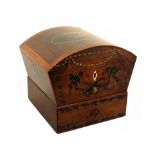 A rosewood, crossbanded and painted dome top sewing box, formerly with a carrying handle, circa