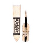 Two ivory Needle cases, circa 1840, comprising a quiver of arrows example inlaid in white metal with