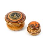Two pieces of painted whitewood Tunbridge ware comprising a turned circular pin cushion with seaweed