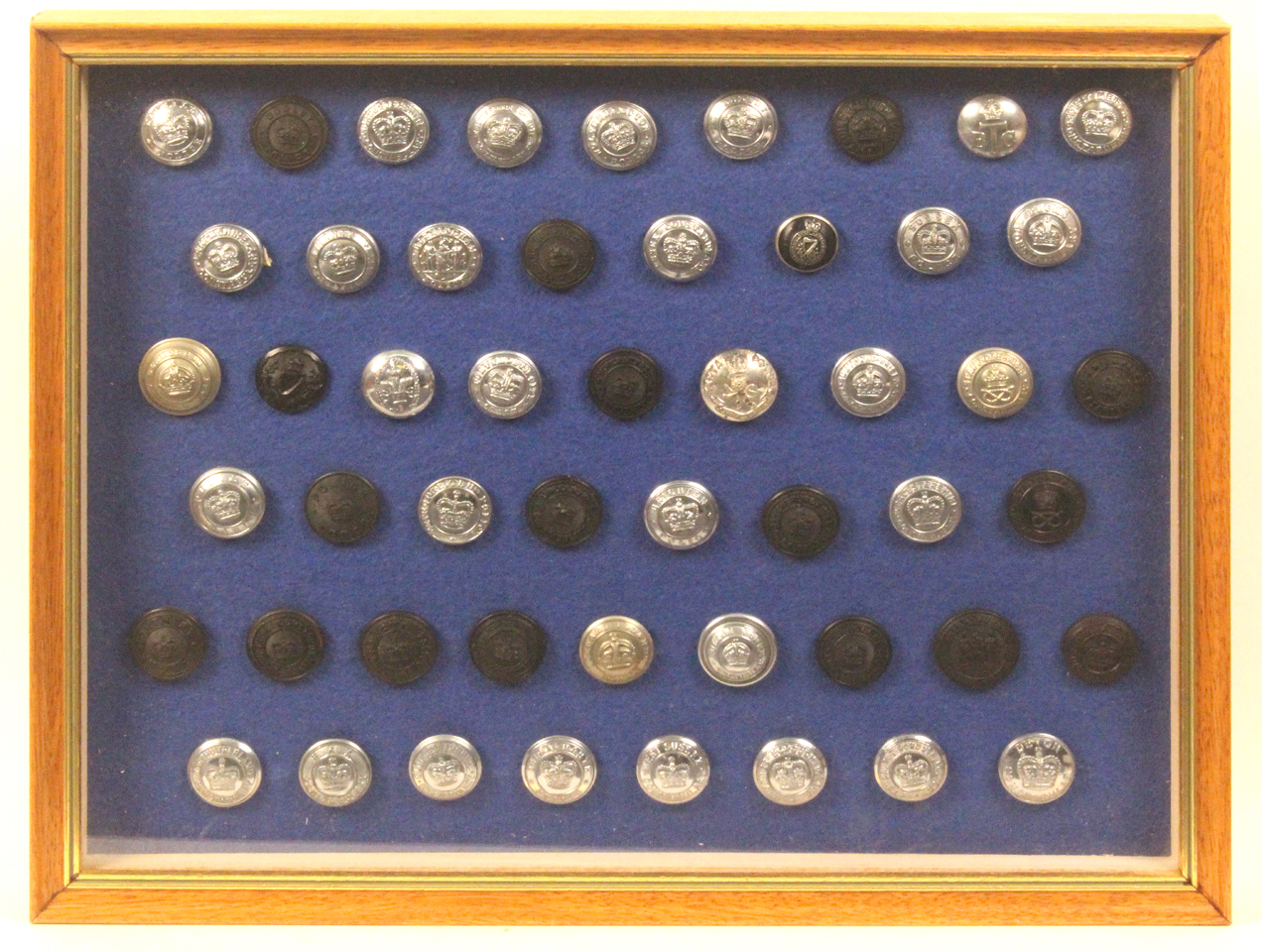 Buttons - police and corporations - three framed displays comprising a framed display of 50 black - Image 2 of 3