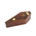 A good early 19th century mahogany coffin form puzzle snuff box, the lid with bone tablet 'M-Y', a