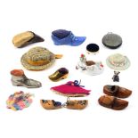 A collection of pin cushions, larger format, including an animal hoof, 11cm, metal and wooden shoe