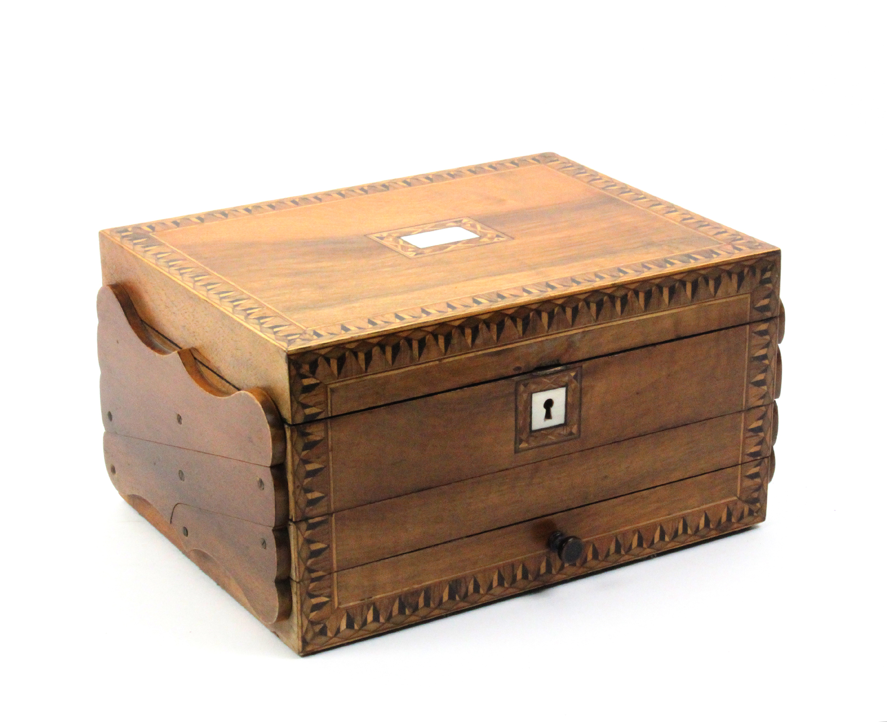 A Victorian walnut sewing box of rectangular form and of three cantilever sections, the front and - Image 2 of 3