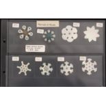 Eight mother of pearl thread winders, mostly of snowflake form and with pierced decoration,