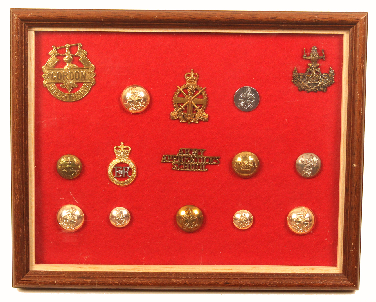 Buttons and badges - military - three framed displays comprising a framed display of 84 buttons