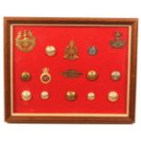 Buttons and badges - military - three framed displays comprising a framed display of 84 buttons