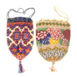 Two 19th Century beadwork draw string bags, one decorated with flowers on a beige ground within