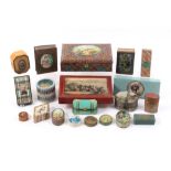 A collection of decorative boxes mostly paper covered card, some decorated with colour prints