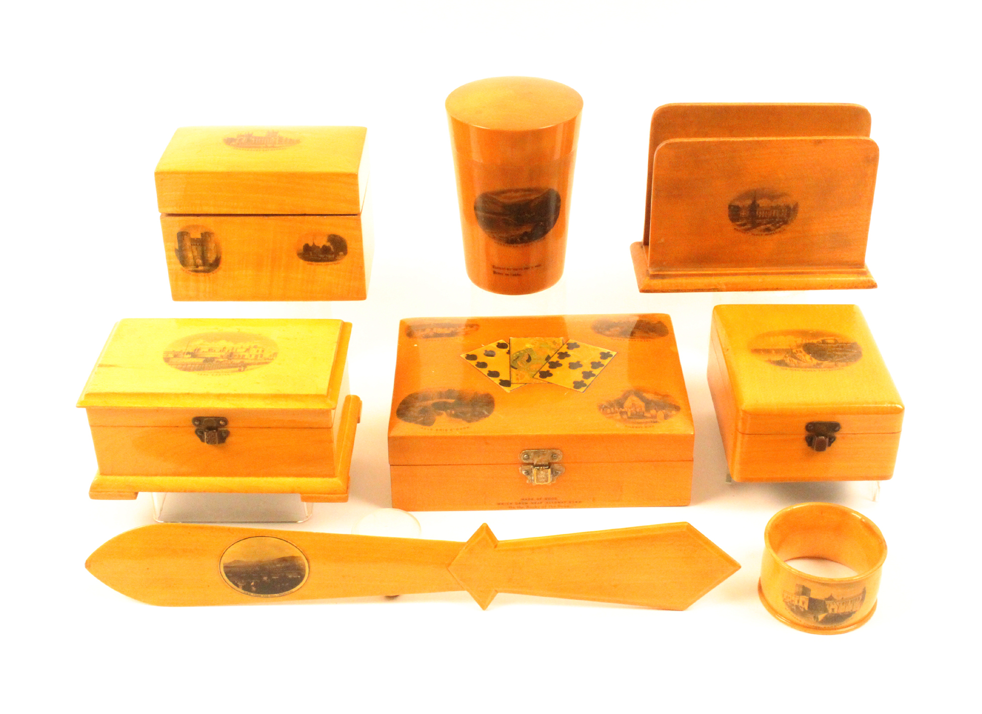 Mauchline ware - eight pieces comprising a tumbler case with Fern etched glass (Arrochar, Loch