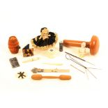 A mixed lot - sewing - comprising a miniature doll pin cushion, 7.8cm, a cedar wood darning