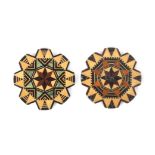 Two Tunbridge stick ware thread winders, one with green stained decoration, each approx. 4.2cm dia.,