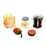 Five pin cushions and emeries comprising a burnt circle ivory book form pin cushion/needle book,