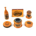 Mauchline ware - sewing - six pieces comprising a bottle form sewing companion (Rossdhu House,