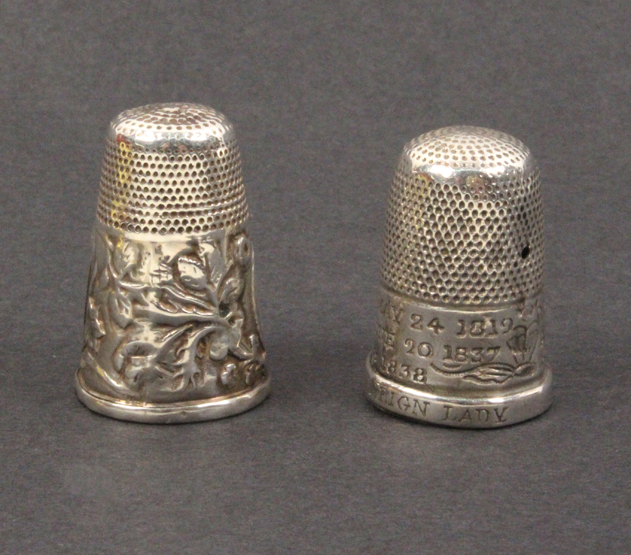 Two English silver commemorative thimbles, one with oval portrait medallions of Queen Victoria and - Image 2 of 2