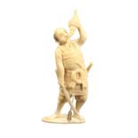 A 19th Century carved ivory Japanese figure of a standing Samurai blowing a conch shell, 19.5cm
