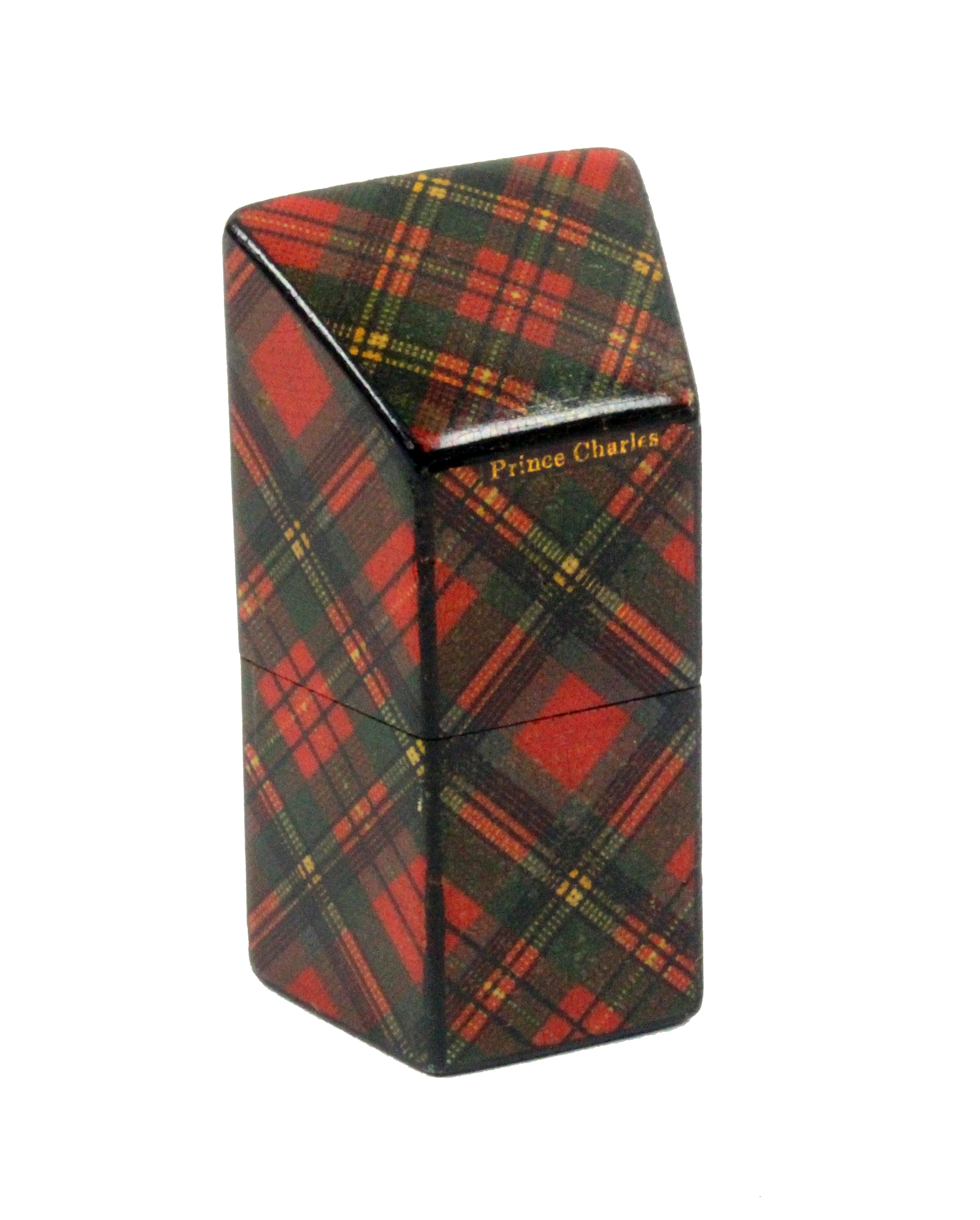 A Tartan ware (Prince Charlie) needle packet box with sloping lid and sides, 5.5cm