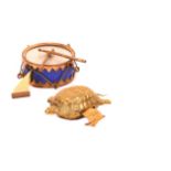Two metal novelty tape measures comprising a drum with crossed sticks winder, tape printed in cm and