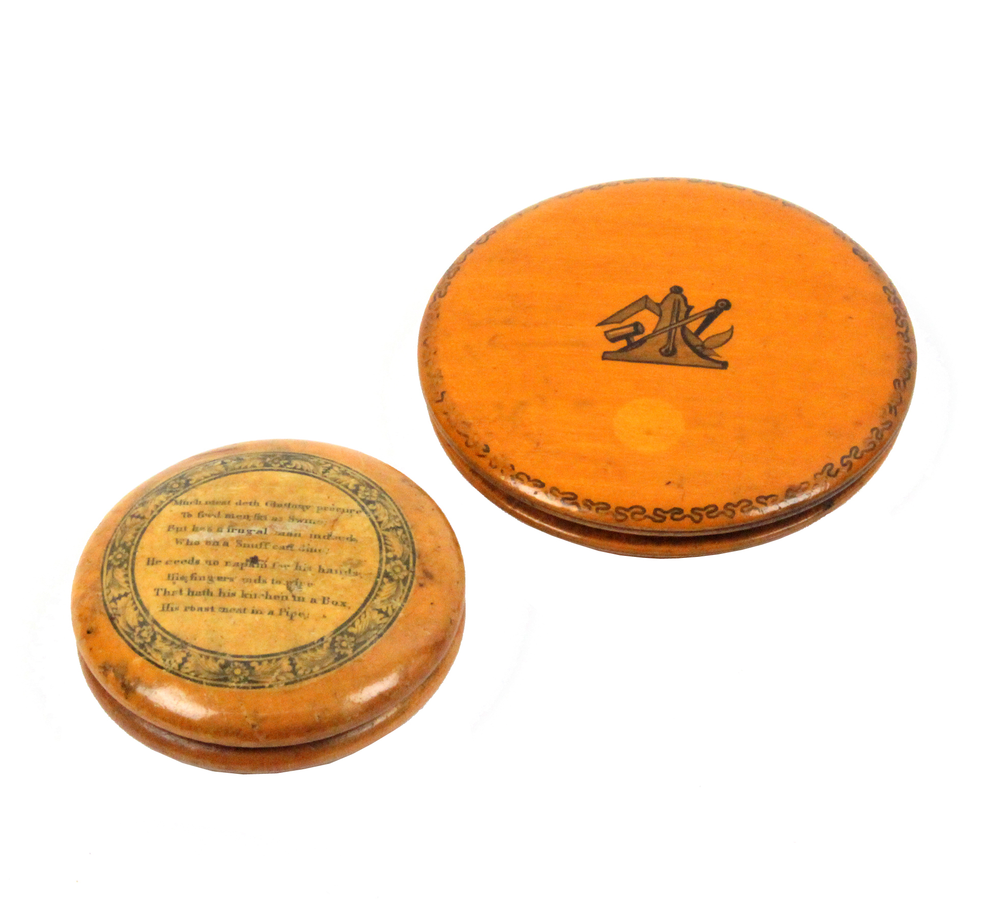 Two Scottish snuff boxes each of circular form, one of shallow form, the cover centered by masonic