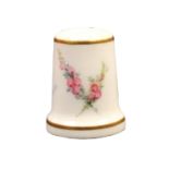 A Stevenson and Hancock Derby porcelain thimble painted with two cross over branches of flowers,