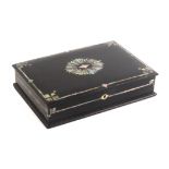 A mid Victorian papier mache writing box of shallow rectangular form, the lid and sides with