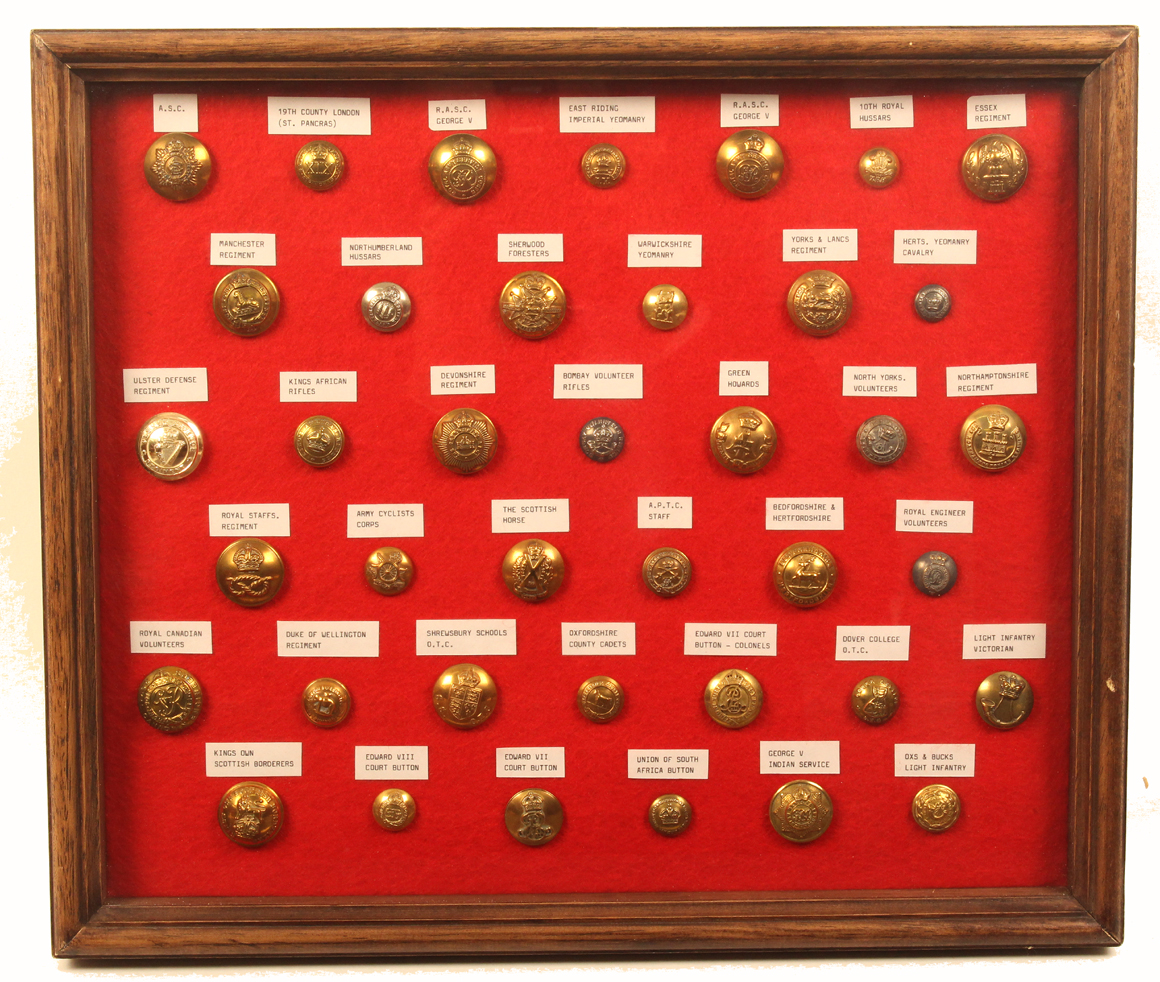 Buttons - military - two framed displays comprising a framed display of 81 - mostly post 1901,