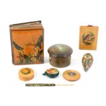 Mauchline ware - eight pieces comprising a small photograph album (floral), 13cm, a green stained