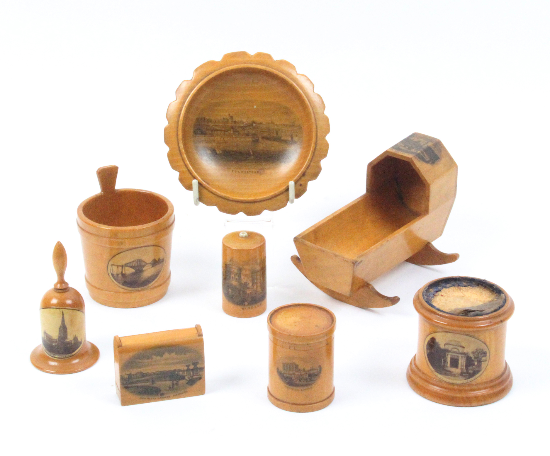 Mauchline ware - eight pieces - comprising a reel cradle (George Square, Glasgow), 11cm, a pail (