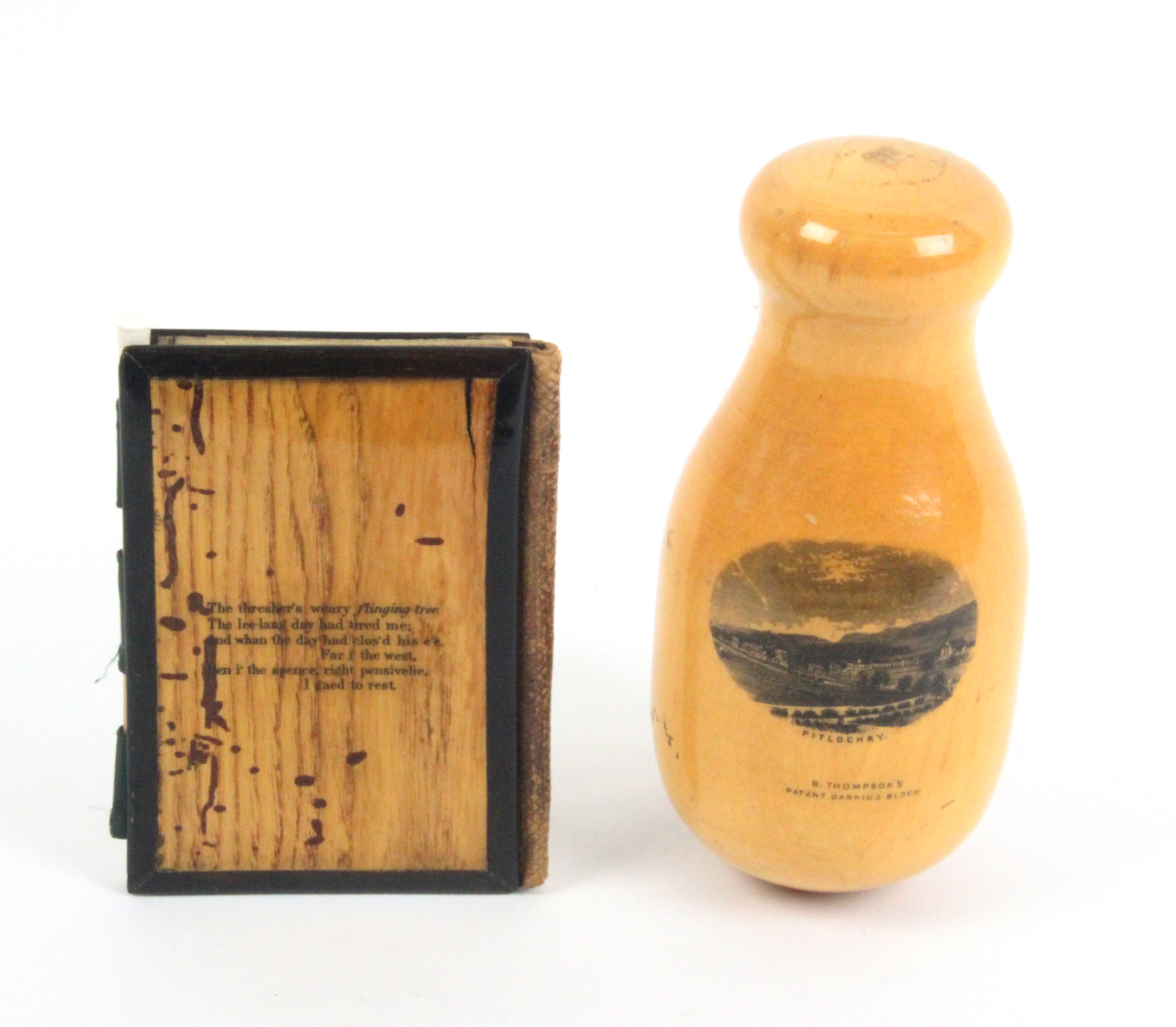 Mauchline ware - two unusual pieces comprising a bottle form Patent darner (B Thompson's Patent