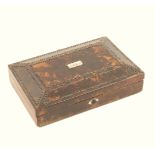 A small Palais Royal style rectangular sewing box, in stained burr ash, the canted lid decorated