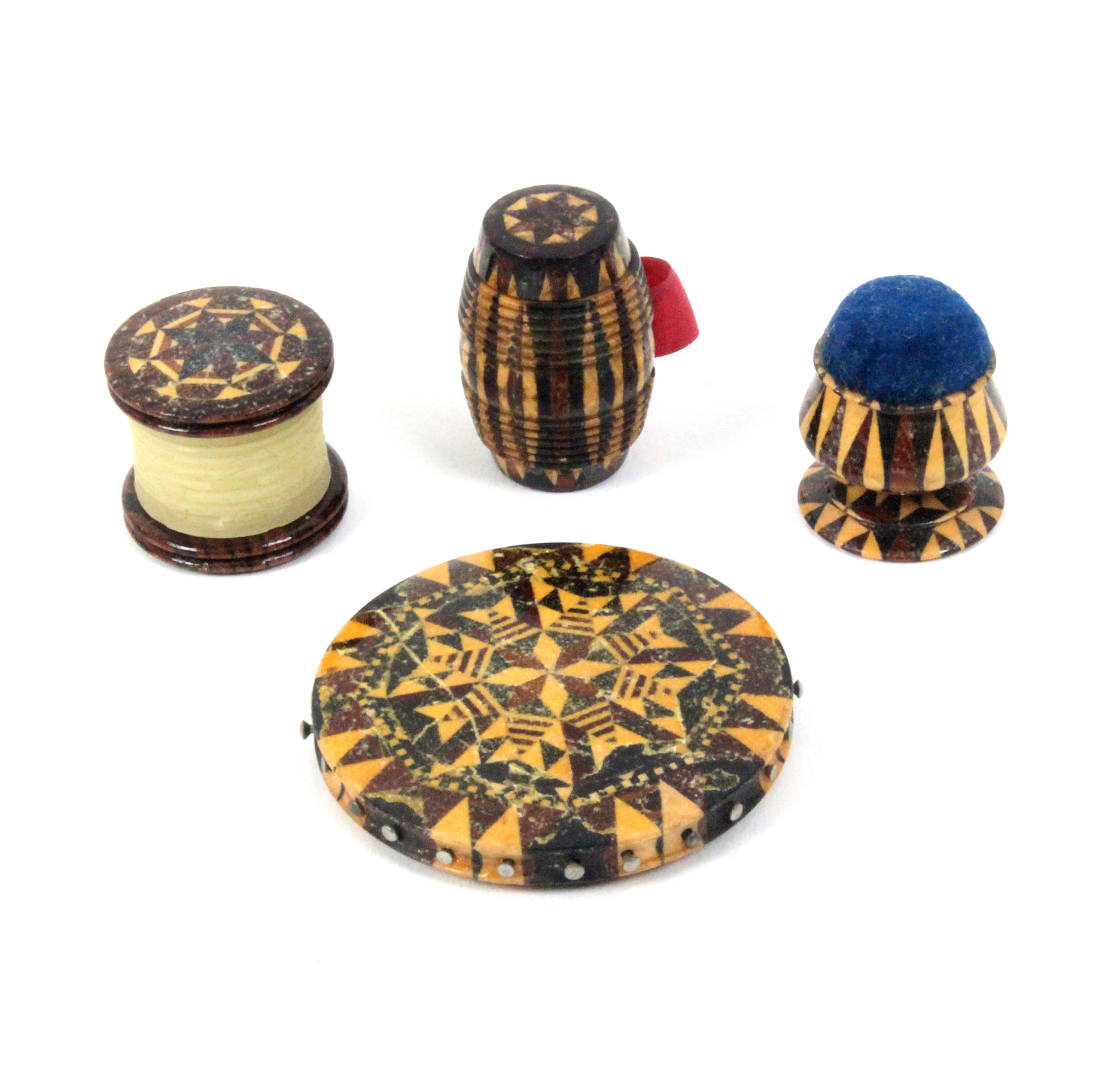 Tunbridge ware - sewing - four pieces comprising a stickware pin wheel, 4.7cm, a stickware barrel