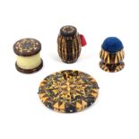 Tunbridge ware - sewing - four pieces comprising a stickware pin wheel, 4.7cm, a stickware barrel
