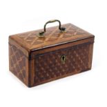 A George III inlaid mahogany tea caddy of rectangular form, the front and back with geometric