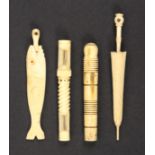 Four bone and ivory needle cases comprising a bone fish with Stanhope (Abbey, Hastings, poor image),