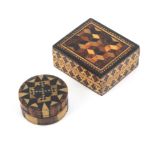 Tunbridge ware - two pieces comprising a small rectangular box with cube lid and mosaic sides, 4 x